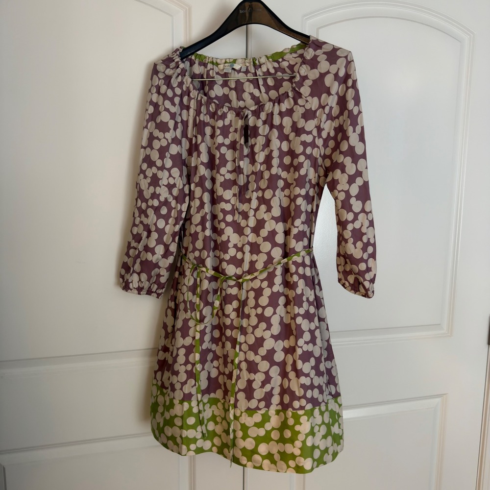 Boden Women Purple Green Polka Dot Long Sleeve Tunic Dress with Pockets US 8R